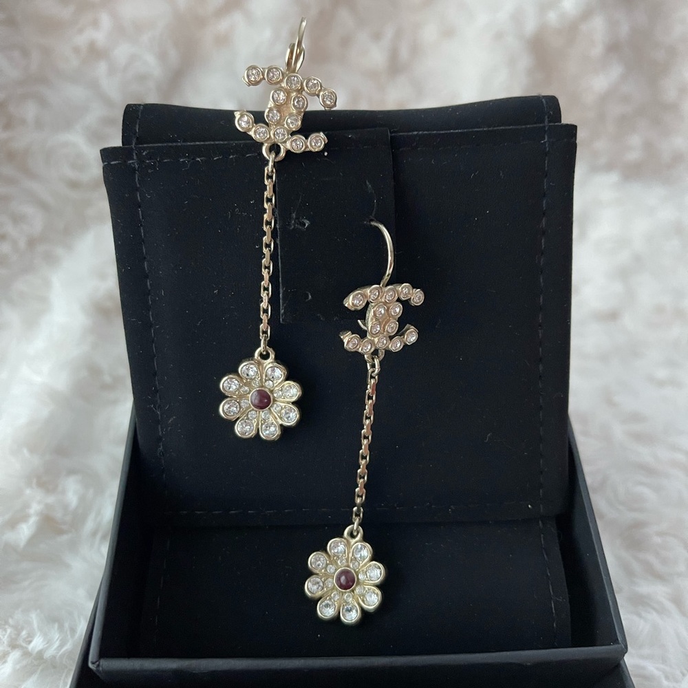 Authentic Chanel CC Crystal Logo Flower Dangle Earrings In Light Gold 18C
